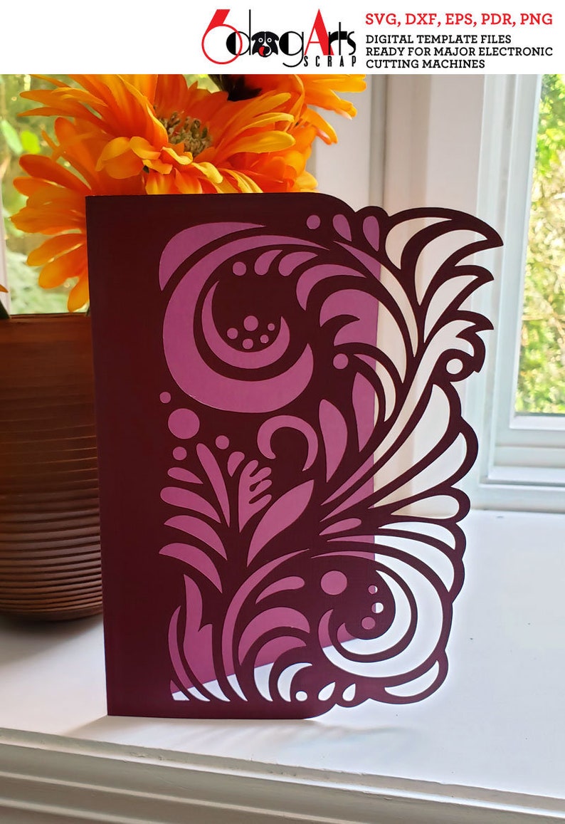 May include: A burgundy card with a white and pink floral design cut out. The design features swirls, leaves, and dots. The card is ready for use with electronic cutting machines. SVG, DXF, EPS, PDR, PNG digital template files.