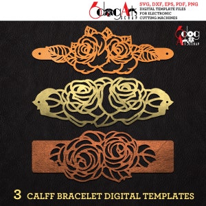 Plantillas vectoriales digitales SVG y DXF para pulseras de cuero con diseño de rosas (3 unidades). Descarga gratuita para corte láser y Cricut Maker JB-1047.