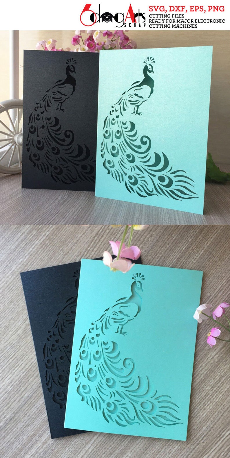 May include: Two peacock-themed greeting cards. One card is black, the other is teal. Each card features a detailed peacock design cut out of the paper. The cards are displayed on a wooden surface. Text on the image reads: SVG, DXF, EPS, PNG CUTTING FILES READY FOR MAJOR ELECTRONIC CUTTING MACHINES.