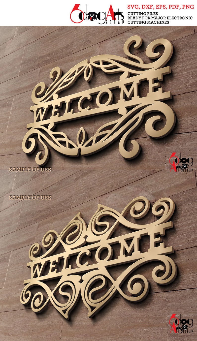 May include: A gold-coloured metal welcome sign with intricate scrollwork and the word "WELCOME" in the centre. The sign is mounted on a brown wall.