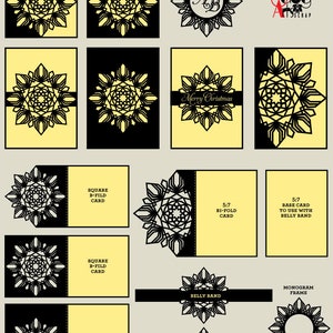 Peut inclure: Fichiers num&eacute;riques pour machines de d&eacute;coupe &eacute;lectroniques. L'image pr&eacute;sente diverses conceptions de cartes avec des motifs g&eacute;om&eacute;triques noirs complexes sur des fonds jaunes et noirs. Comprend un cadre monogramme et des ceintures. Texte : "Merry Christmas".