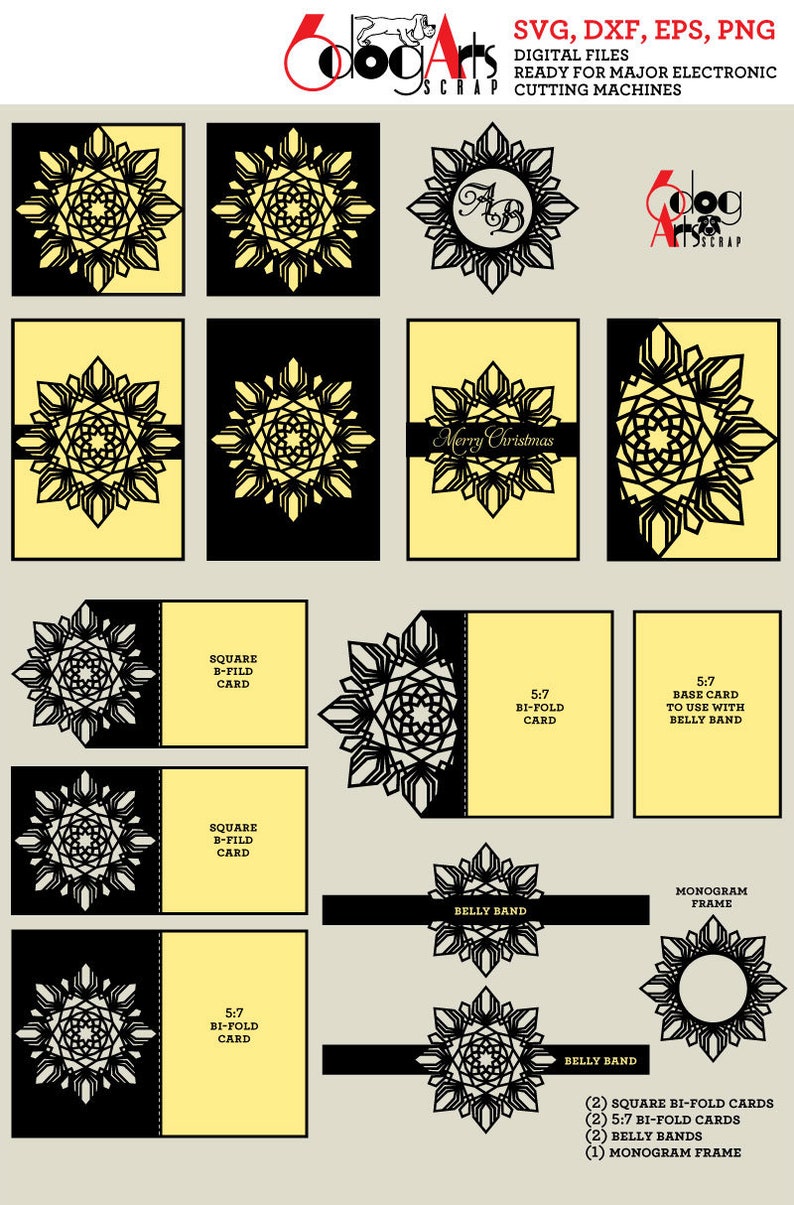 Peut inclure: Fichiers num&eacute;riques pour machines de d&eacute;coupe &eacute;lectroniques. L'image pr&eacute;sente diverses conceptions de cartes avec des motifs g&eacute;om&eacute;triques noirs complexes sur des fonds jaunes et noirs. Comprend un cadre monogramme et des ceintures. Texte : "Merry Christmas".