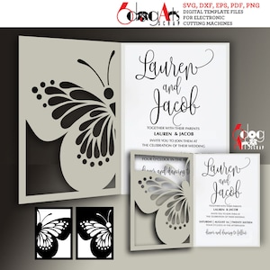 2 Schmetterling Lace Kartenvorlagen Digitaler Schnitt SVG DXF Dateien Hochzeitseinladung Briefpapier Laser schneidbar Download Silhouette Cricut JB-877