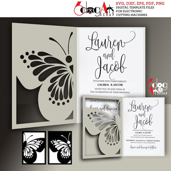 2 Schmetterling Spitze Karten Vorlagen Digital geschnitten SVG DXF Dateien Hochzeitseinladung Briefpapier Laser schneidbare Download Silhouette Cricut JB-877