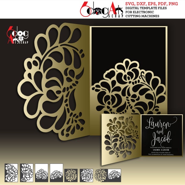 Floral Bi-fold, Sleeve Pocket Card Templates Vector Digital SVG DXF Files Wedding Invitation Laser Cutting Download JB-1720