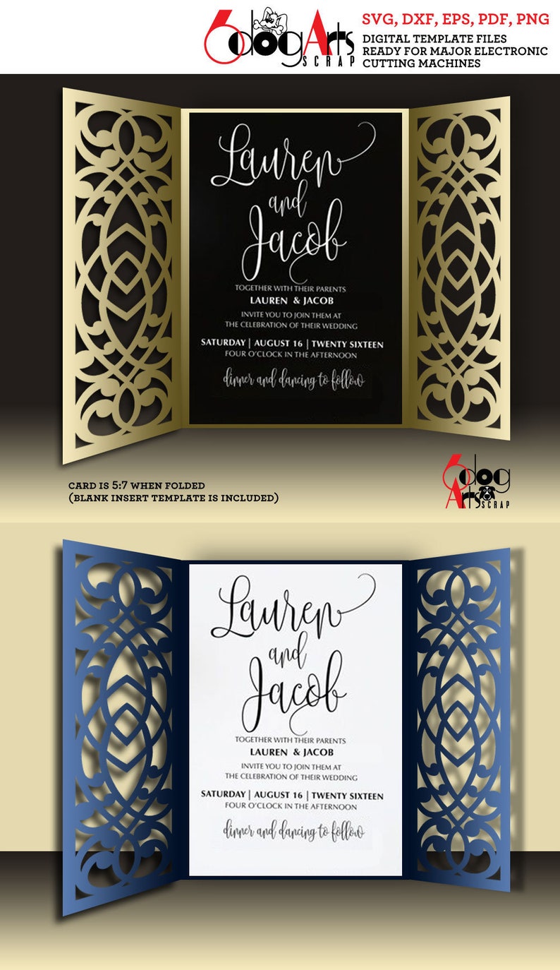 May include: A laser cut wedding invitation template with a gold and blue design. The invitation reads "Lauren and Jacob" with the wedding date and time. The template is ready for major electronic cutting machines.