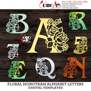 Letras y números del monograma del alfabeto completo de la flor de la rosa de la A a la Z Imágenes digitales SVG DXF Vinilo Metal Papel Corte Cricut CNC Láser Descarga JB-1900