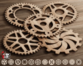 May include: A set of five wooden gears with intricate cutouts. The gears are arranged in a overlapping pattern on a brown wooden surface. The gears are a sample of use and not for sale. The image includes the text "SVG, DXF, EPS, PDF, PNG Digital Template Files for Electronic Cutting Machines".