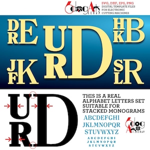 Letras del alfabeto apiladas SVG DXF Imágenes vectoriales Monograma Cuttables Vinilo Hierro en transferencia de prensa de calor imprimible Silueta Cricut JB-802