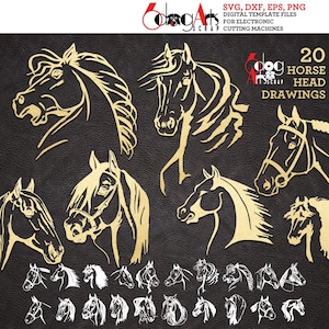 K&ouml;nnte beinhalten: Ein Set mit 20 digitalen Pferdekopfzeichnungen in Schwarz und Gold. Die Zeichnungen sind in einem stilisierten, grafischen Stil gehalten und eignen sich perfekt f&uuml;r Bastelprojekte, Scrapbooking oder andere kreative Arbeiten.