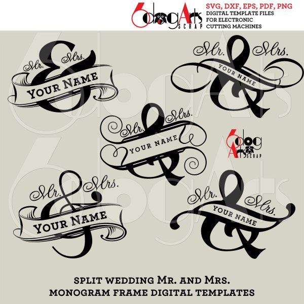 Wedding Split Mr. & Mrs. Monogram Frame Templates Vector Digital Files SVG dxf Vinyl Heat Press Transfer Glass Etching Cricut JB-1243