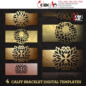 May include: Four digital templates for creating calf bracelets. The designs feature intricate floral patterns in gold and white on a brown leather background. The text "4 CALFF BRACELET DIGITAL TEMPLATES" is at the bottom of the image.