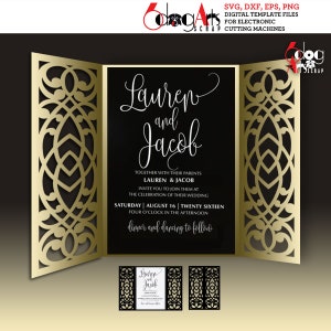 Gate-fold kaartsjabloon digitale SVG DXF-bestanden bruiloft uitnodiging briefpapier lasersnijden download silhouet Cricut JB-1693