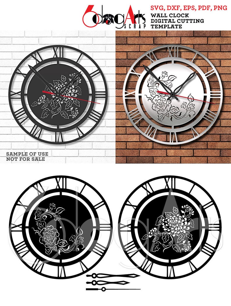 2 floral wall clock templates digital cut files svg dxf