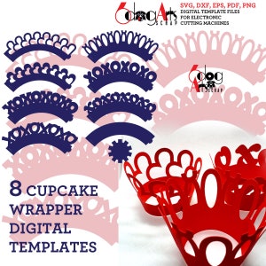 8 Valentinstag Herz Cupcake Wrapper Vorlagen SVG DXF Vektor Digitale Dateien Laser Party Zubehör Silhouette Cricut Papierschnitt JB-1943