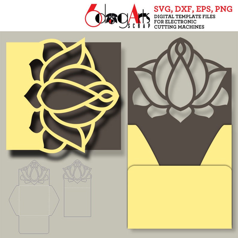 Op de afbeelding: Een digitaal sjabloon voor een lasergesneden lotusbloem envelop. Het sjabloon bevat een voorflap met een lotusbloem ontwerp en een zakje voor een kaart. Het sjabloon is beschikbaar in SVG, DXF, EPS en PNG formaten.