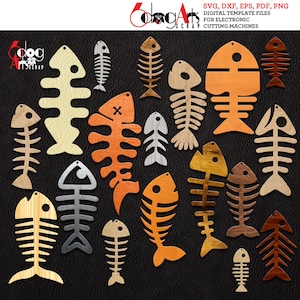 May include: A set of 18 digital cut files featuring various fish bone designs. The designs are in a variety of colors, including orange, brown, beige, and gray. The files are perfect for crafting projects, such as making earrings, keychains, or ornaments.
