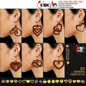 20 plantillas de aretes colgantes de acrílico, madera y metal con forma de corazón, archivos SVG y DXF para joyería, descarga de archivos para corte láser y Cricut JB-1753