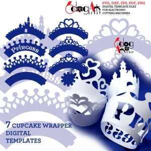 7 plantillas de envoltorios de cupcakes de princesas SVG DXF Archivos digitales vectoriales Suministros para fiestas láser Silhouette Cricut Corte de papel JB-1936