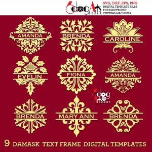 May include: Nine gold-colored damask text frame digital templates on a red background. Each frame features a unique floral or ornamental design with a name, such as "Amanda" or "Brenda", in a horizontal text box. The image includes the text "SVG, DXF, EPS, PNG DIGITAL TEMPLATE FILES FOR ELECTRONIC SCRAP CUTTING MACHINES".