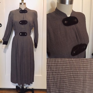 1940's Brown check gabardine velvet autumn day dress long sleeve wiggle image 1