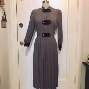 1940's Brown check gabardine velvet autumn day dress long sleeve wiggle image 2