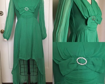 Green chiffon baroque high low 1960s 60s gown rhinestone bow Marie Antoinette