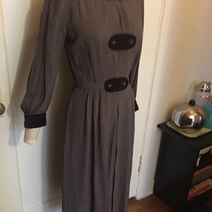 1940's Brown check gabardine velvet autumn day dress long sleeve wiggle image 3