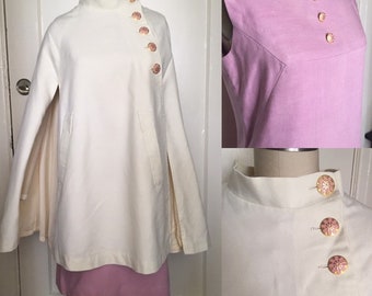 1960s 60s Lavender and white mod cape dress ensemble set