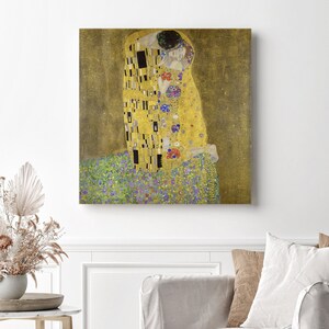 The Kiss Gustav Klimt Stretched Canvas Wall Art, Gustav Klimt Reproduction Romantic Wall Art, Vintage Art Nouveau Print, Ready to Hang