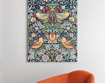 William Morris Strawberry Thief Stretched Canvas Wall Art, William Morris Vintage Print, Printed Fabric Pattern, Canvas Reproduction