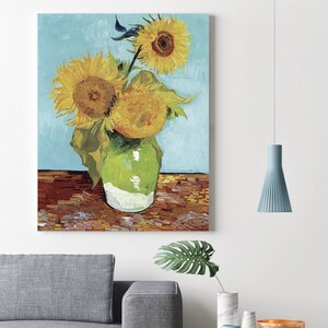 Lienzo estirado para pared con jarrón con tres girasoles de Vincent Van Gogh, impresión de reproducción de Van Gogh, pintura de jarrón con girasoles de Van Gogh