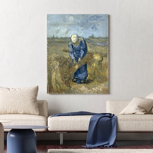Vincent Van Gogh Peasant woman binding sheaves (after Millet) Stretched Canvas Wall Art, Van Gogh Reproduction Print, Van Gogh Painting