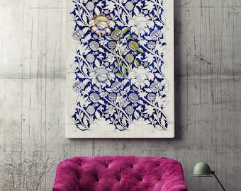 William Morris Watercolor Floral Printed Fabric Design Stretched Canvas Wall Art, William Morris Fabric Pattern, Vintage Reproduction Canvas