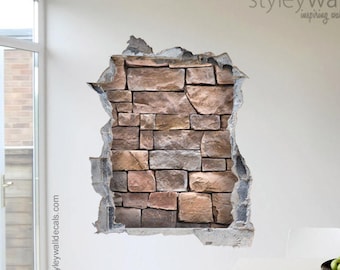 Stones Wall Decal, Bricks Wall Sticker Mural, Hole in the Wall 3d Effect Wall Sticker, 3d Wall Decal, Broken Wall 3d Effect Mural Home Decor