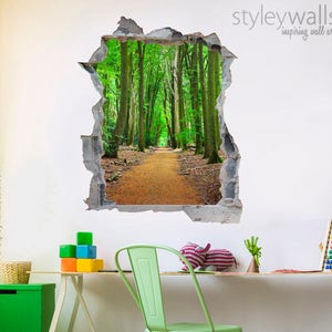 Wald Wandtattoo, Natur Wandaufkleber, Loch in der Wand 3D-Effekt Wandaufkleber, 3D Wandtattoo, Gebrochene Wand 3D-Effekt Wandbild Wohnkultur