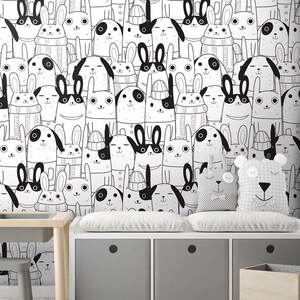 Kaninchen Tapete, Kinderzimmer Tapete, Tiere Repositionierbar Abnehmbare Stofftapete, Kinderzimmer Dekor, Schälen und aufkleben, Selbstklebend