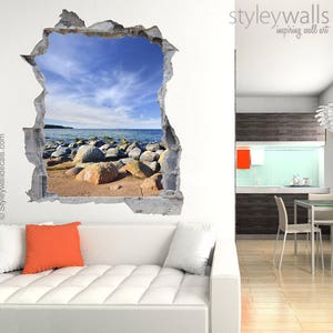 Rocks Wall Decal Mural, Sea Nature Mural, Hole in the Wall 3d Effect Wall Sticker, 3d Wall Decal, Broken Wall 3d Effect Mural Home Decor