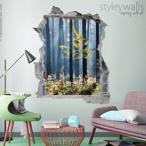 Wald Wandtattoo Wandbild, Waldbäume Wandbild, Loch in der Wand 3D Effekt Wandbild, 3D Wandtattoo, Gebrochene Wand 3D Effekt Wandbild Wohnkultur