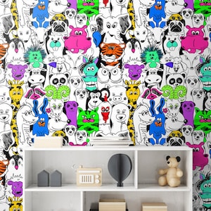 Animals Wallpaper, Kids Room Wallpaper, Pop Art Style Repositionable Removable Fabric Wallpaper, Peel and Stick, Self Adhesive