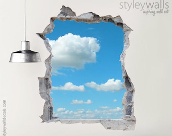Calcomanía de pared de nubes, mural de nubes en el cielo, calcomanía de pared con efecto 3D de agujero en la pared, calcomanía de pared 3D, mural de pared rota con efecto 3D, decoración del hogar