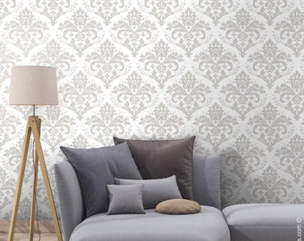 Damask Wallpaper, White Gray Beige Classic Damask Pattern Wallpaper, Self Adhesive and Repositionable Removable Fabric, Peel and Stick