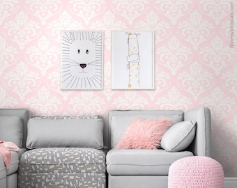 Papel tapiz de damasco rosa, decoración de habitación de niñas, papel tapiz con patrón de damasco, tela removible autoadhesiva y reposicionable, despegar y pegar