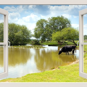 Cow Wall Decal, Cow Standing in Water at a Lake Wall Decal, Animals 3d Window View Wall Decal, Window Frame Living Room Home Wall Decor