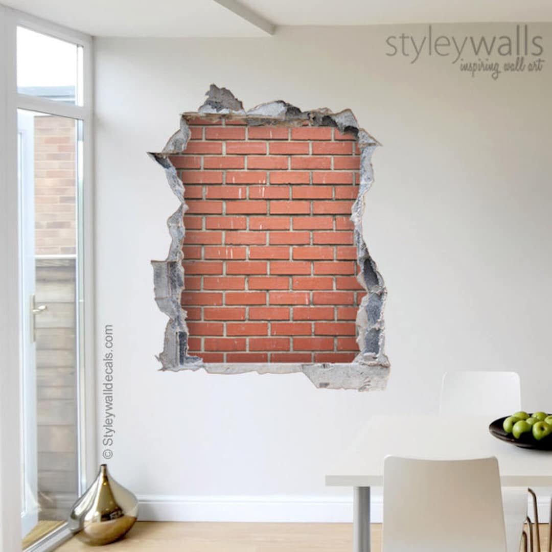 Red Bricks Wall Decal, Bricks Mural, Hole in the Wall 3d Effect Wall