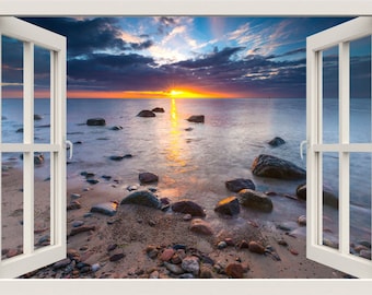 Beach Wall Decal, 3d Window Wall Decal, Sea Cost Sunset View Wall Decal, Nature Window Frame, Window View Home Decal, Wall Mural
