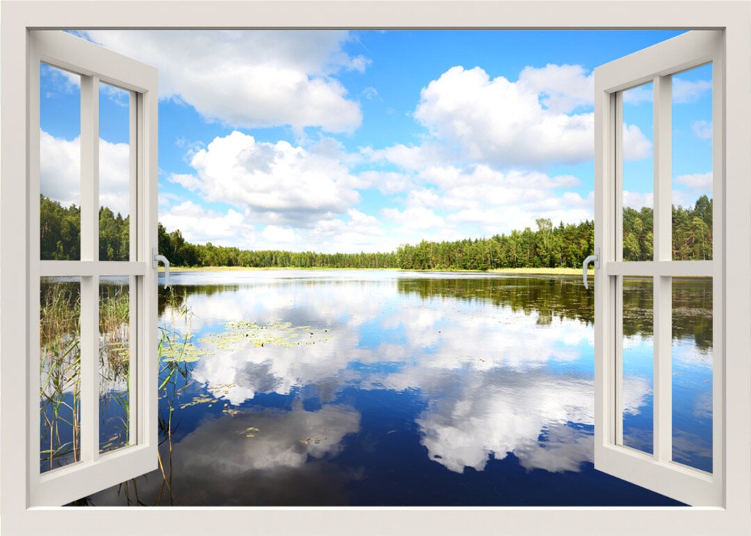 Lake Wall Decal, Lake and Forest Wall Sticker, Clouds 3d Window Wall Decal, Nature Window Frame