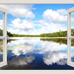Lake Wall Decal, Lake and Forest Wall Sticker, Clouds 3d Window Wall Decal, Nature Window Frame, Window View Wall Mural Home Decor Sticker
