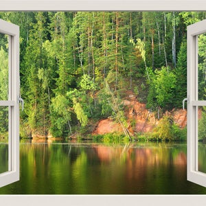 Lake Wall Decal, Lake Wall Sticker, Forest Wall Decal,3d Window View Wall Mural, Nature Wall Sticker,Window Frame Wall Decal for Home Decor