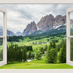 Beautiful Mountains View Wall Decal, 3d Window Wall Decal, Trees Wall Decal, Nature Wall Sticker, Mountains Window Frame, Window View Mural